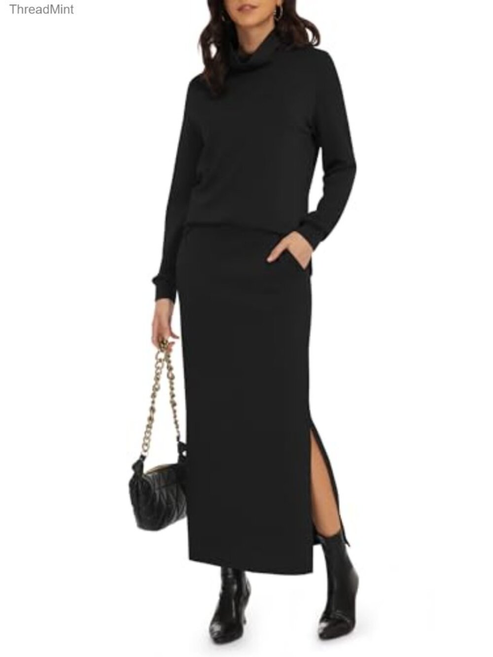 Women's Knit Turtleneck Maxi Skirt Two Piece Lounge Set Long Sleeve